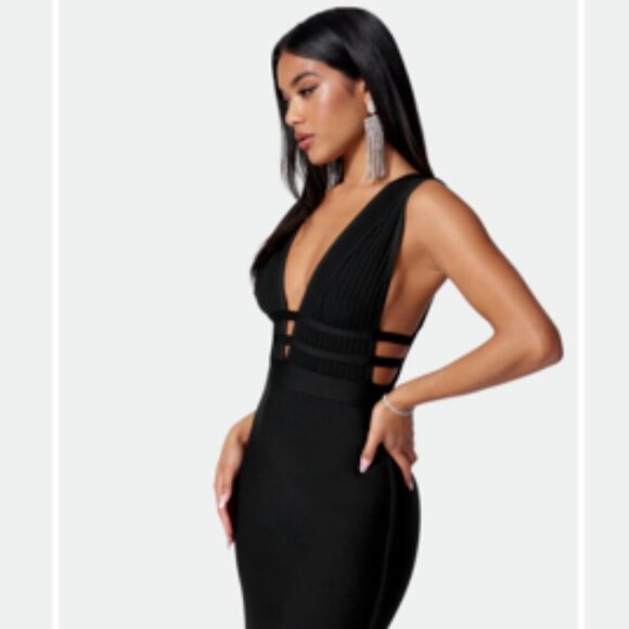 Bebe NWT Caged Cut Out Maxi Gown Plunge Neck Black Sexy Club Party Dress Small - Picture 11 of 11